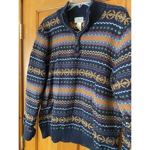 LL Bean 1/4 Zip Sweater Men's Large Fair Isle 100% Cotton Thick Heavyweight